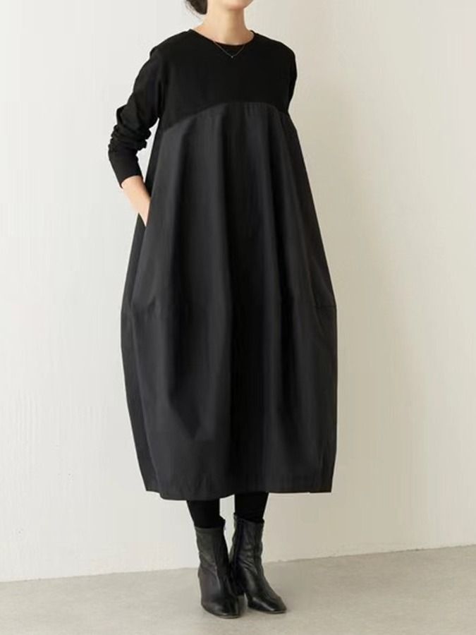 Autumn And Winter Lotte Round-Neck Long-Sleeved Knitted Patchwork Long Dress_ecoleips.com