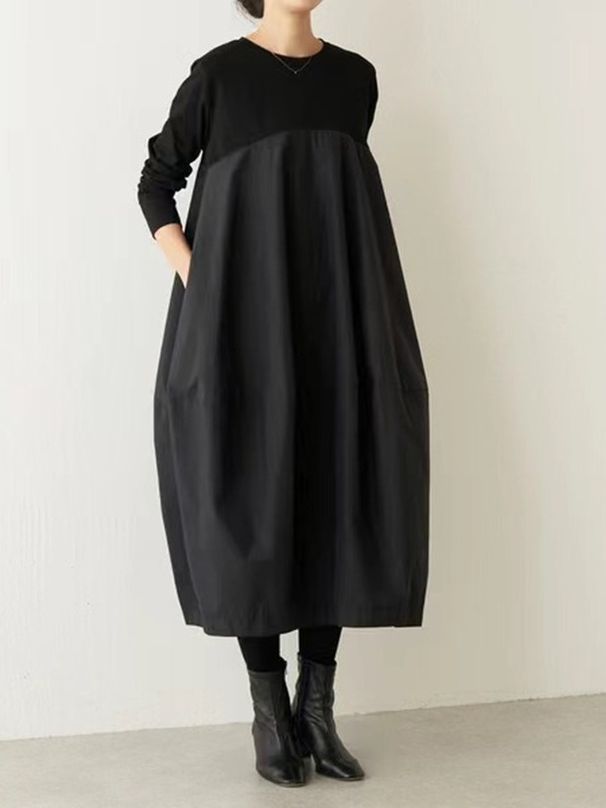 Autumn And Winter Lotte Round-Neck Long-Sleeved Knitted Patchwork Long Dress_ecoleips.com