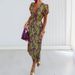 Voya 2026 Women's Fashion Printed V-neck Pleated Waist Slimming Dress_ecoleips.com