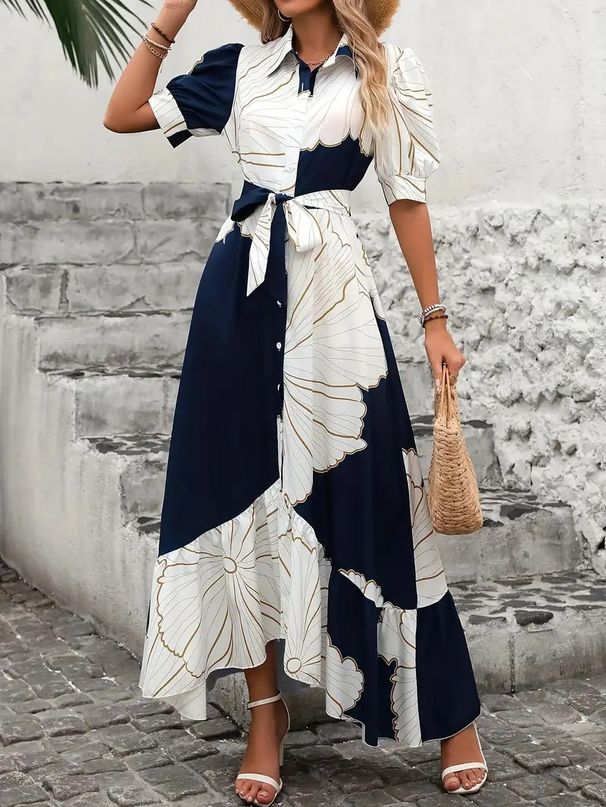 Women's Clothing Irregular High Waist Temperament Shirt Style Printed Long Skirt Dress_ecoleips.com