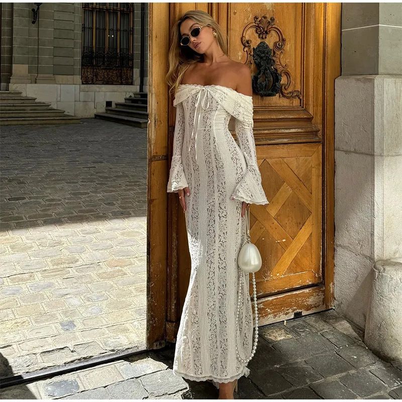 Women's Fashionable Off-Shoulder Long Dress Sexy Waist Cinching Lace Bell Sleeves Garment_ecoleips.com