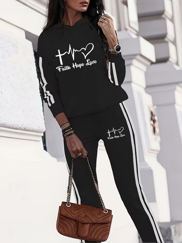 Women's European American Style Autumn Winter Casual Vacation Hooded Printed Long Sleeved Two Piece Set_ecoleips.com