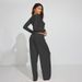 Women's Autumn Solid Color Casual Basic Long Sleeved Top with Snap Buttons And Drawstring Trousers Set European And American Style_ecoleips.com