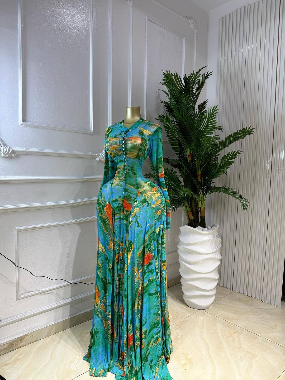Women's African Style Elegant Printed Maxi Dress round Neck Long Sleeves Fitted Waist Spring/Autumn Summer Fashion Dress_ecoleips.com