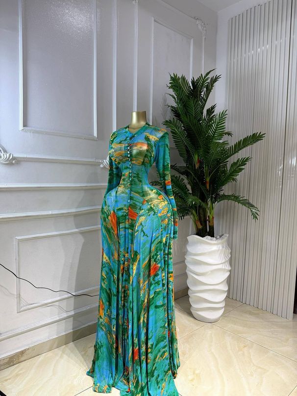 Women's African Style Elegant Printed Maxi Dress round Neck Long Sleeves Fitted Waist Spring/Autumn Summer Fashion Dress_ecoleips.com