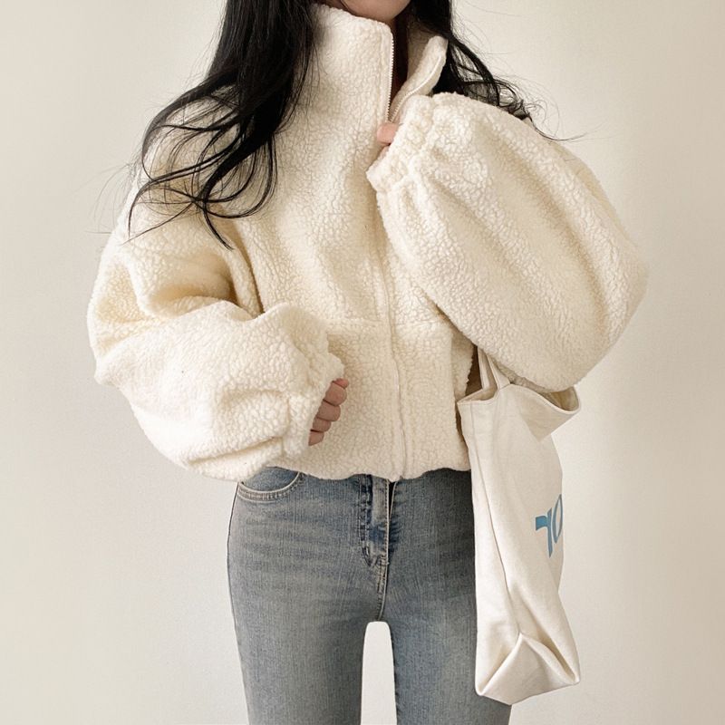 Designed Short Stand Collar Warm Shearling Coat Women, New Loose Fit Elegant Zipper Cardigan For Autumn And Winter_ecoleips.com