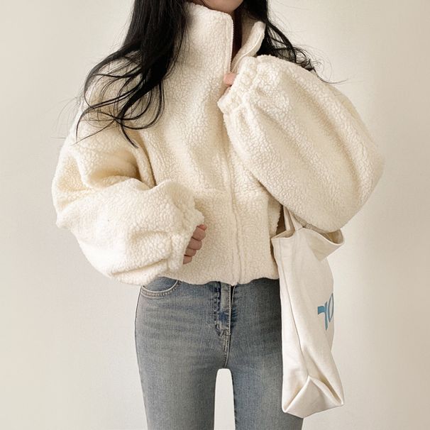 Designed Short Stand Collar Warm Shearling Coat Women, New Loose Fit Elegant Zipper Cardigan For Autumn And Winter_ecoleips.com