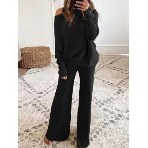Women's Autumn/Winter Casual Solid-Color Bat-Sleeved Long-Sleeved Two-Piece Set_ecoleips.com