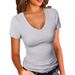 Women's Clothing Slim Fit Solid Color T-Shirt V Neck Short Sleeve Patchwork Design Summer Sexy Top_ecoleips.com