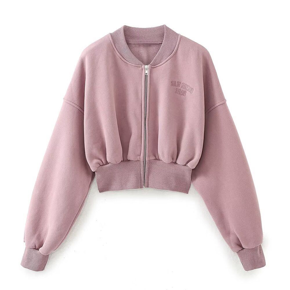 Women's Cropped Zip-Up Bomber Jacket, Soft Fleece Long Sleeve Casual Sweatshirt Coat, Elastic Cuff Hem Embroidery Baseball Outwear For Daily Streetwea_ecoleips.com