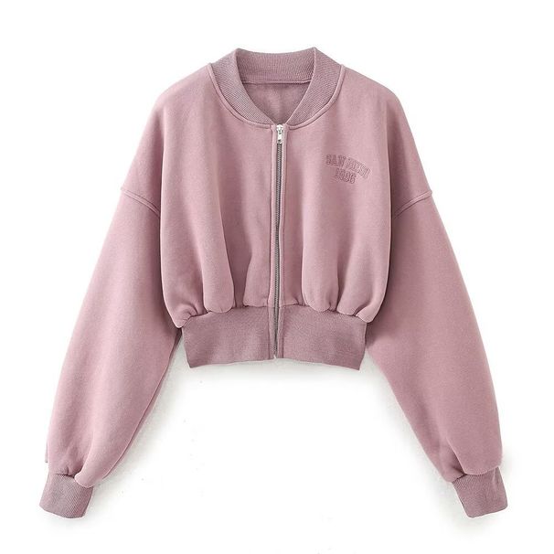 Women's Cropped Zip-Up Bomber Jacket, Soft Fleece Long Sleeve Casual Sweatshirt Coat, Elastic Cuff Hem Embroidery Baseball Outwear For Daily Streetwea_ecoleips.com