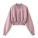 Women's Cropped Zip-Up Bomber Jacket, Soft Fleece Long Sleeve Casual Sweatshirt Coat, Elastic Cuff Hem Embroidery Baseball Outwear For Daily Streetwea_ecoleips.com