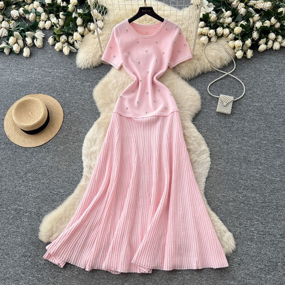 Women's French Style Beaded Short Sleeved Dress Summer Gentle Feminine High Waisted A-Line Skirt Slimming Flattering Commuting_ecoleips.com