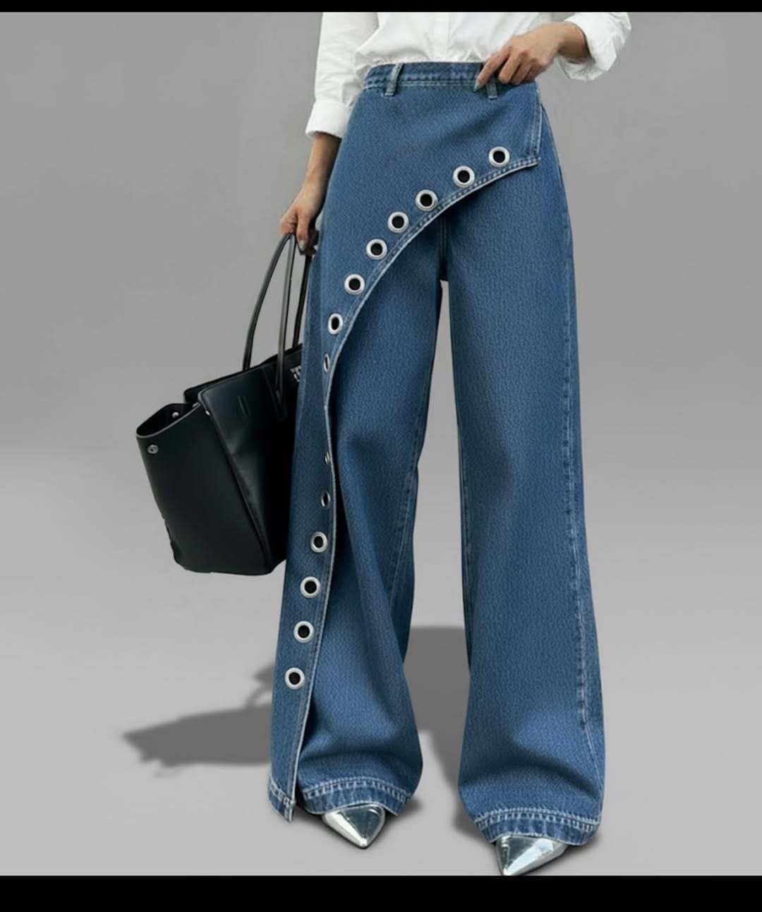 Women's Clothing Women's Casual Denim Pants Straight Leg Wide Leg Pants Irregular Butt Flap Eyelet Solid Color_ecoleips.com