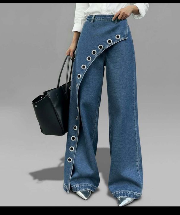 Women's Clothing Women's Casual Denim Pants Straight Leg Wide Leg Pants Irregular Butt Flap Eyelet Solid Color_ecoleips.com