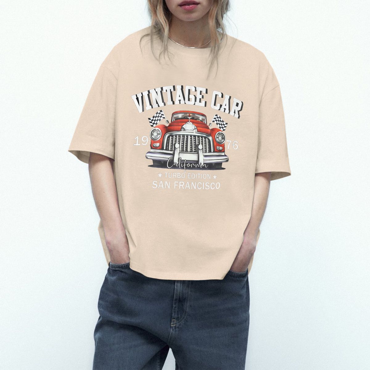 Women's Casual Khaki T-Shirt round Neck Short Sleeve Cotton Polyester Loose Fit Car Print Top European American Style Sportswear_ecoleips.com