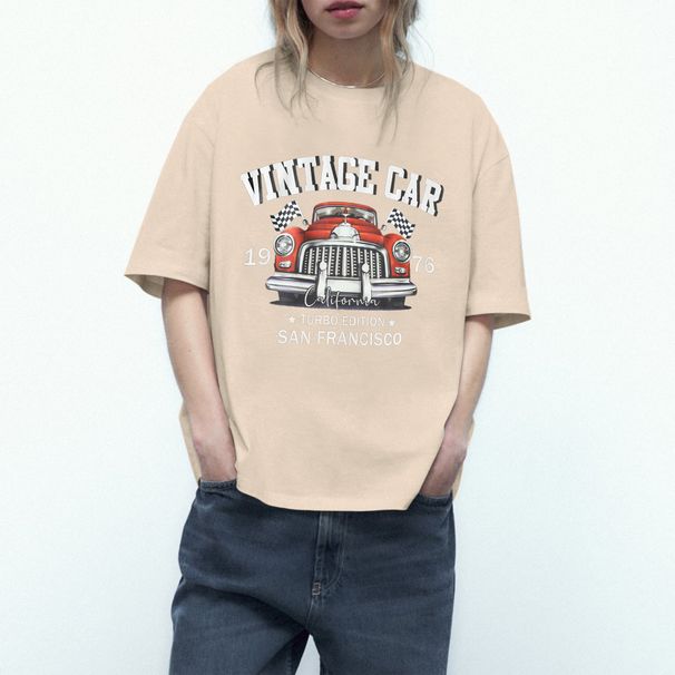 Women's Casual Khaki T-Shirt round Neck Short Sleeve Cotton Polyester Loose Fit Car Print Top European American Style Sportswear_ecoleips.com
