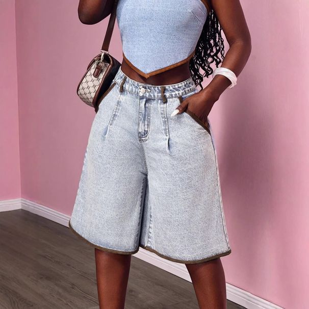 Women's Color Blocked Denim Mid-Length Shorts Light Blue Washed Sexy Style Factory Direct Wholesale Bottoms_ecoleips.com