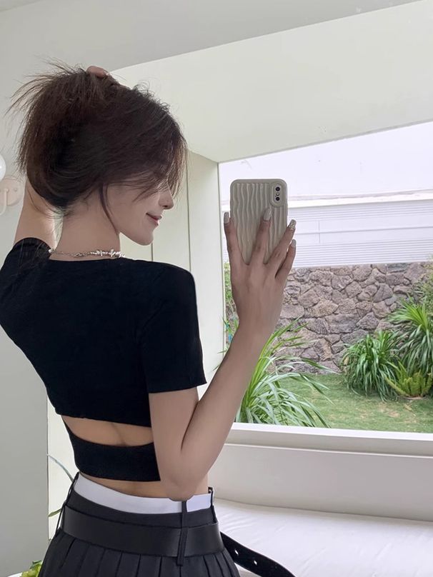 High-Waisted, Short, Crop Back, Cut-Out Short-Sleeved T-Shirt For Women, Tight French Solid Color Base Summer Top, Ins_ecoleips.com