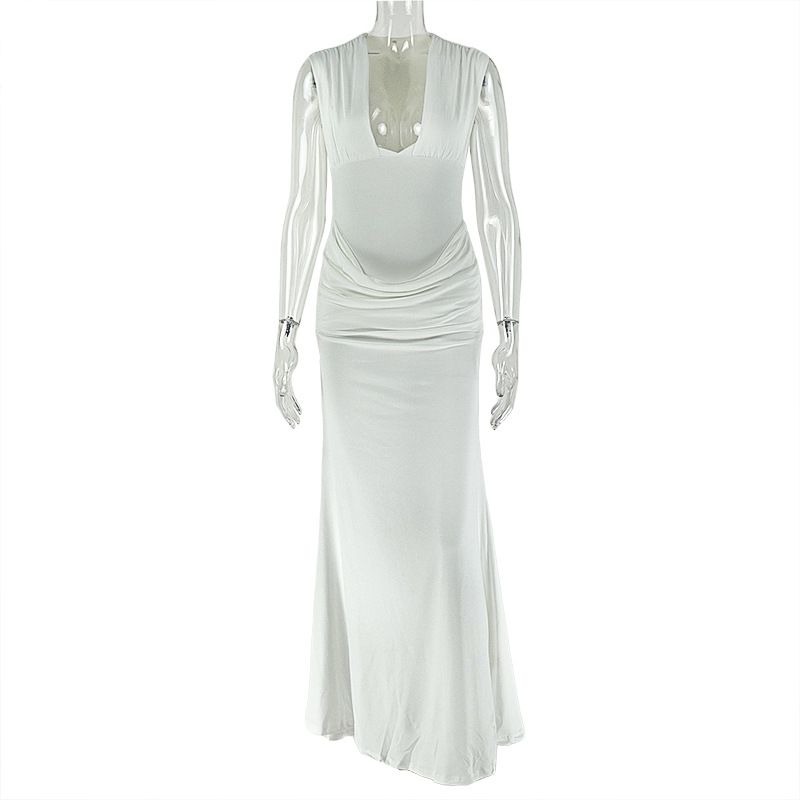 Elegant Bodycon Women's Dress V-Neck Sleeveless High-Slit Ruffle Hem Stretchy Polyester Spandex Trendy Fashion for Ladies_ecoleips.com