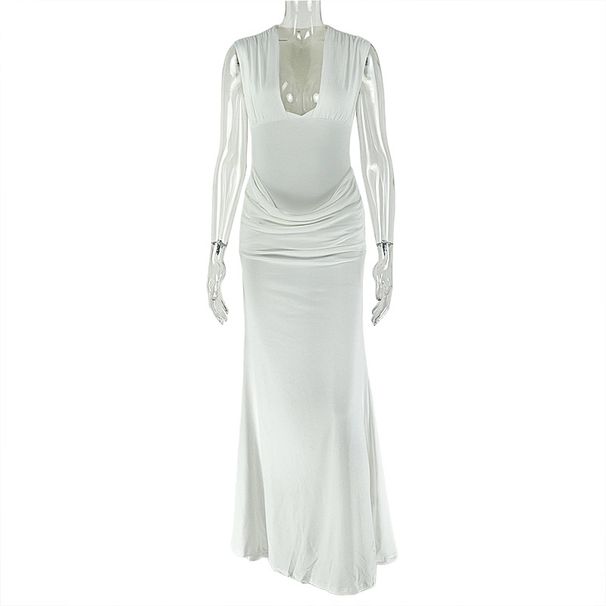 Elegant Bodycon Women's Dress V-Neck Sleeveless High-Slit Ruffle Hem Stretchy Polyester Spandex Trendy Fashion for Ladies_ecoleips.com