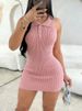 Women's Baby Pink Halter Neck Sleeveless Polo Collar Button Stretchy Ribbed Knit Bodycon Mini Dress Summer Party Short Dress_ecoleips.com