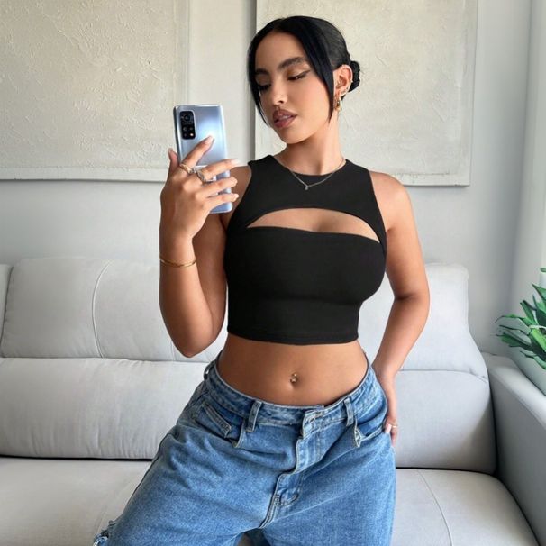 Voya 2026 Spring/summer New Women's Sexy Hollow Tank Top Slim Fit Ultra Short Crop Top With Exposed Navel_ecoleips.com