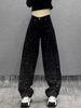 Women's Clothing High-Waisted Slimming Rhinestone Jeans Wide Leg Floor-Length Pants Loose Fit Versatile Straight Leg For Women Spring/Autumn_ecoleips.com