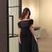 Women's Clothing Splicing Oblique Collar Off Shoulder Hanging Belt Waist Hip Banquet Dress_ecoleips.com