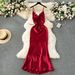 Women's Clothing Celebrity Style High End Dress High End Luxury Niche Satin Slim Long Backless Suspender Dress Red Dress_ecoleips.com