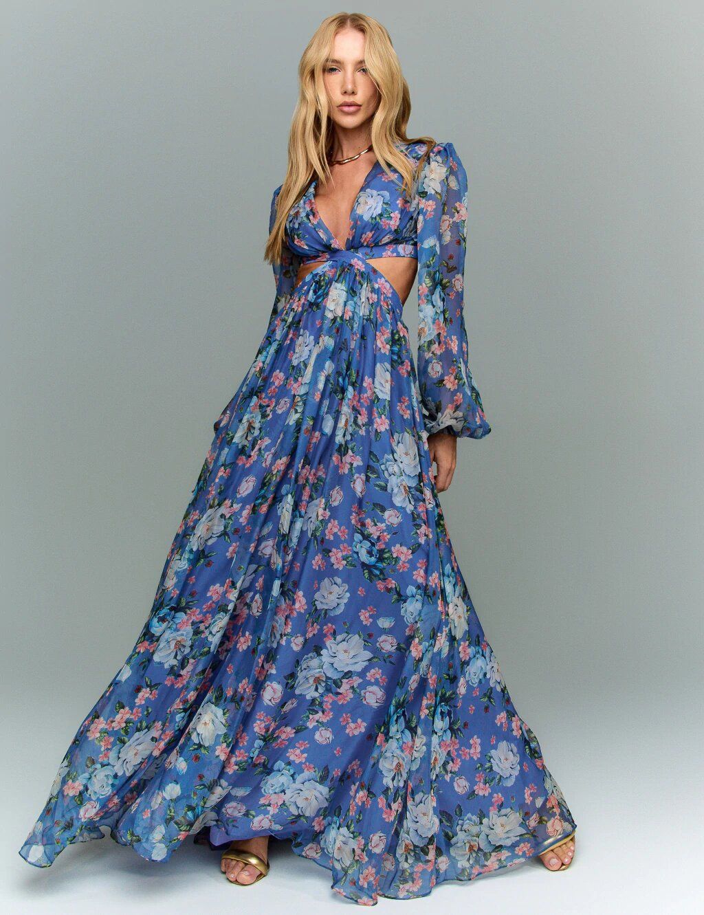 Floral Print V-Neck Chiffon Maxi Dress With Tie-Waist & Puff Sleeves For Elegant Occasions Versatile Full-Length Design_ecoleips.com