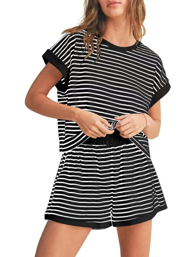 Women's Breathable Striped Summer Lounge Set T-Shirt And Shorts Combo 6 Colors S-5XL_ecoleips.com