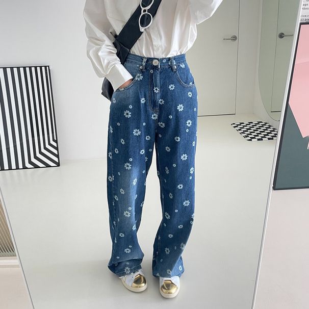 Summer High-Waisted Loose Fit Floral Straight Leg Slimming Jeans For Women_ecoleips.com