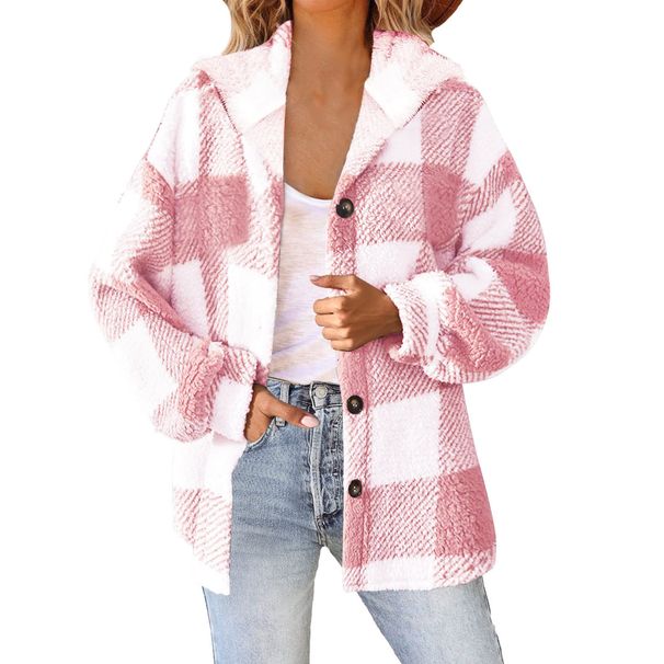 Women's Plaid Fleece Hooded Jacket - Cozy Winter Coat With Button Closure, Soft Polyester Blend, Oversized Fit For Casual & Work_ecoleips.com