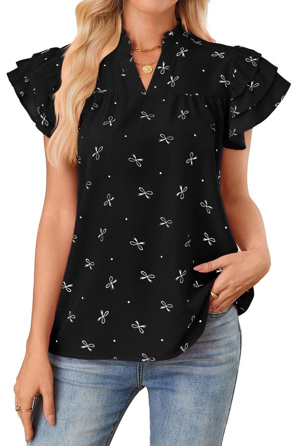 Women's V-Neck Flutter Sleeve Blouse – Flowy Chiffon Top With Layered Ruffles (White/Black/Pink, S–XL_ecoleips.com