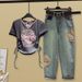 Women's Clothing Fashion Set Women's Style Top With Short Sleeves And Embroidered Ethnic Style Trendy Style Jeans Waist Cinching_ecoleips.com