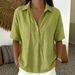 K New Women's Loose And Comfortable Collared Short Sleeved Solid Color Shirt_ecoleips.com