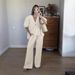 2025 French Sweet Atmosphere Solid Color V-neck Puff Short Sleeve Tie Long Pants Set Women's Wholesale_ecoleips.com