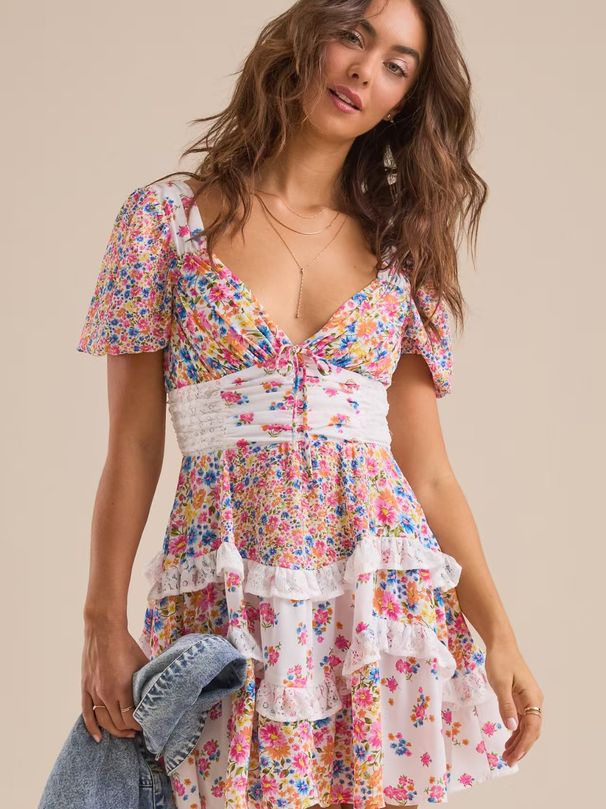 Women's Clothing New French Retro Blue And White Porcelain Floral Lace Splicing V Neck Waist Bubble Short Sleeve Dress_ecoleips.com
