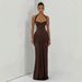 Elegant Style Women's Strapless Long Dress Solid Color Halter Neck Design Sexy Tie Up Slim Fit Fashion Dress_ecoleips.com