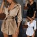 Cross-border Wish Best-selling European And American Summer Shirt, Solid Color, Elegant Sleeves, V-neck Women's_ecoleips.com