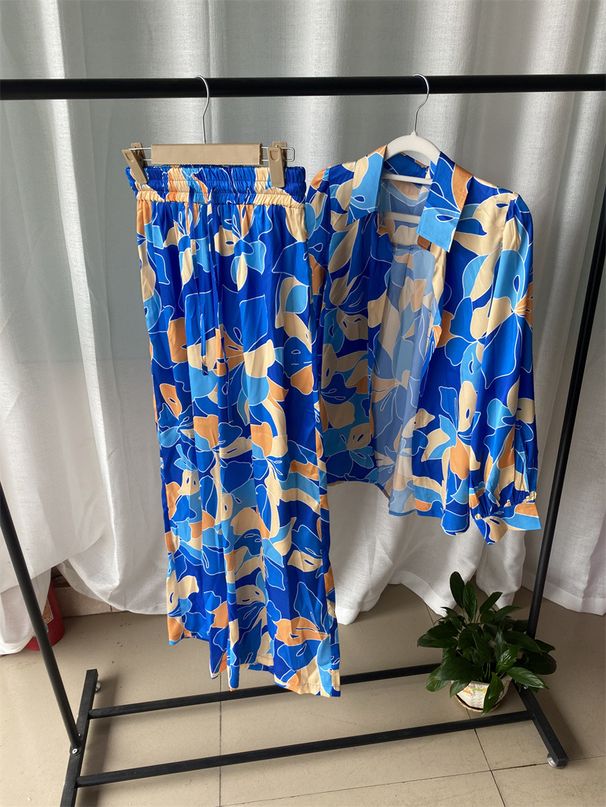 Women's Clothing new fashion printed bubble long-sleeved shirt lace-up wide-leg pants two-piece suit_ecoleips.com