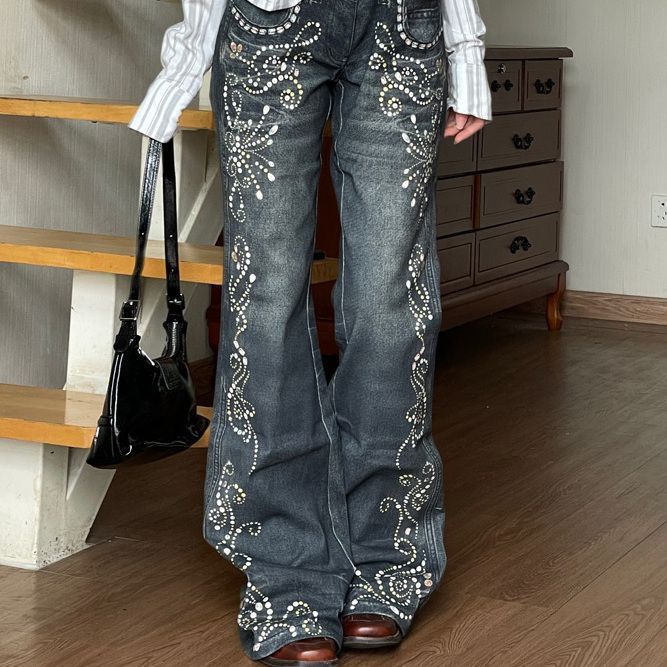 Women's Street Hot Girl Gem Pattern Design Flared Pants Casual Trousers_ecoleips.com