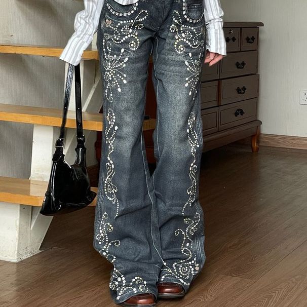 Women's Street Hot Girl Gem Pattern Design Flared Pants Casual Trousers_ecoleips.com