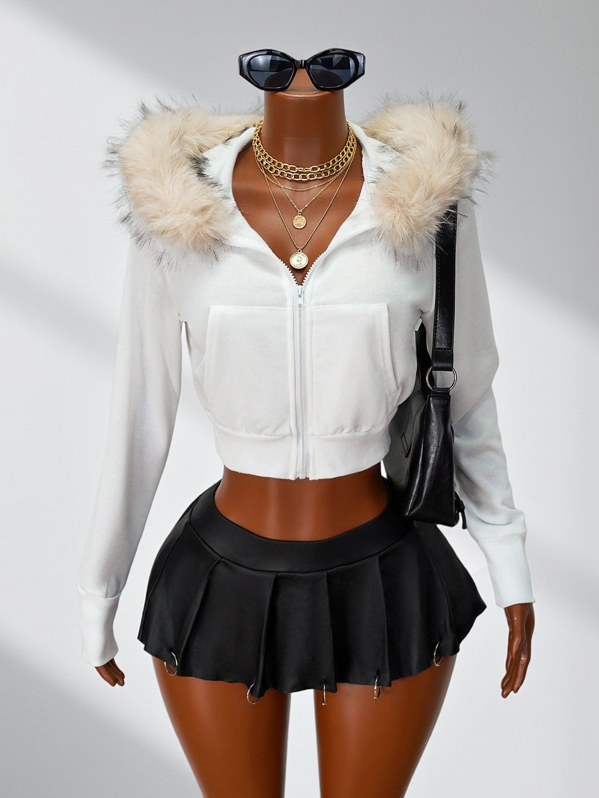 Petite Hooded Short Jacket Large Fur Collar Zip Up Solid Color Cropped Sexy Sweatshirt Autumn Winter Outerwear_ecoleips.com