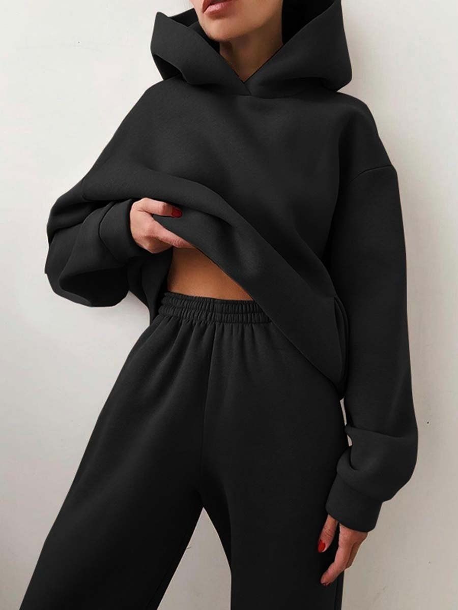 Autumn Winter Casual Fashion Thickened Sleeve Sweatshirt And Long Pants Two-Piece Set For Women_ecoleips.com
