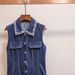 Women's Denim Pleated Dress - Sleeveless Single-Breasted With Beaded Lapel (Spring/Summer Light Mature Style)_ecoleips.com