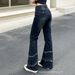 High Waisted Stretch Denim Patchwork Jeans for Women Slimming Fit Floor Length Flared Dark Blue Jeans_ecoleips.com