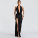 Women's European American Style Dress Backless Slit Pleated Sexy Deep V Neck Halter Bodycon_ecoleips.com