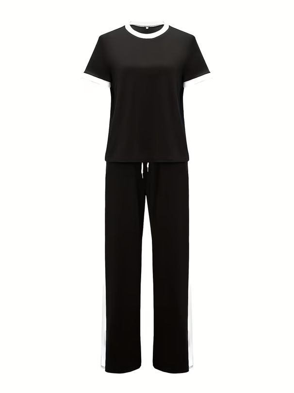 Women's European American Style Spring Summer Short Sleeve T-Shirt Casual Pullover Two Piece Set Elegant_ecoleips.com